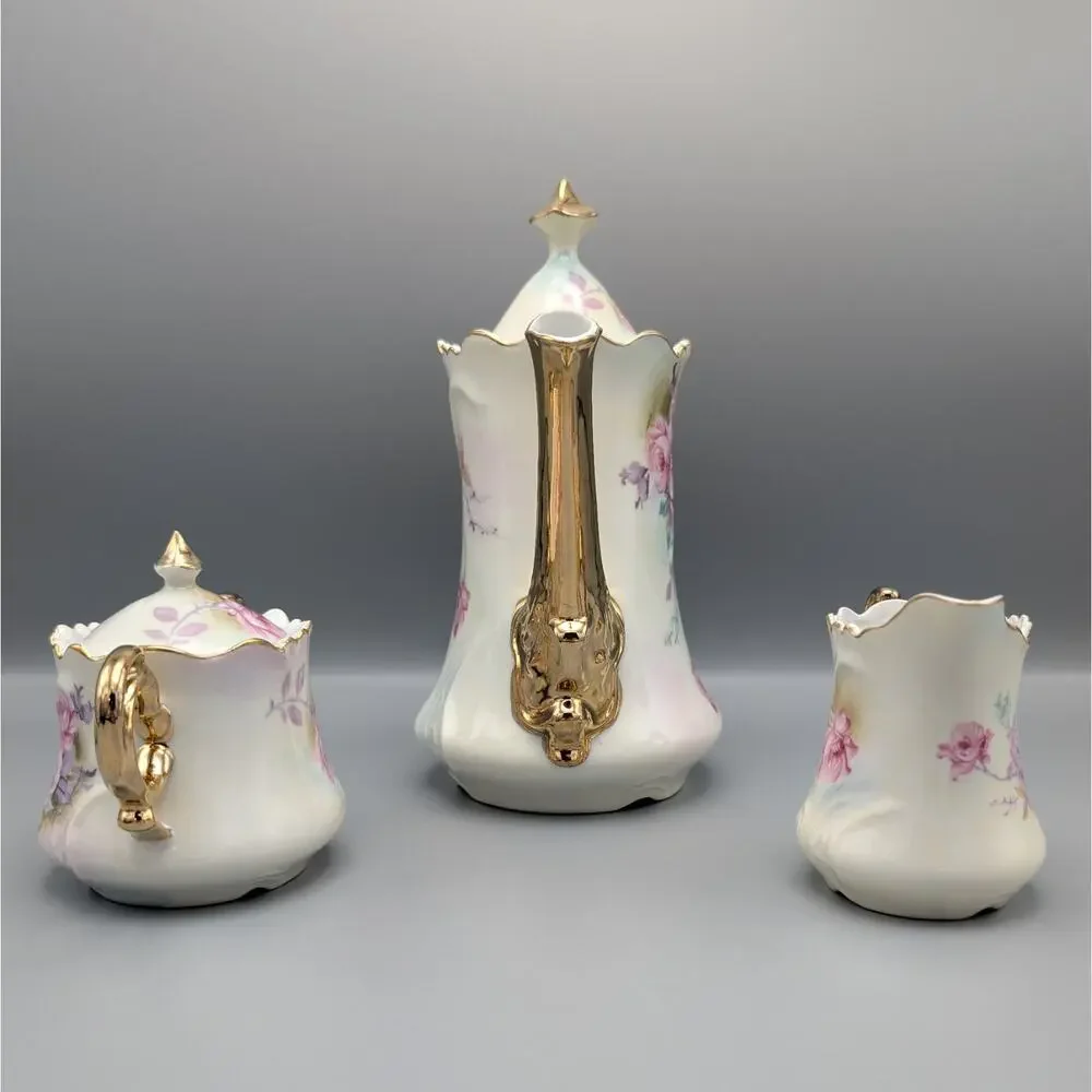 Vintage Lefton China Pink Rose Tea Set Teapot 6570 Sugar Creamer 6571 Gold Gilt